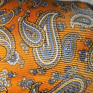 Faconnable Vibrant Golden Orange Blue Paisley Woven Classic Elegant Silk Tie
